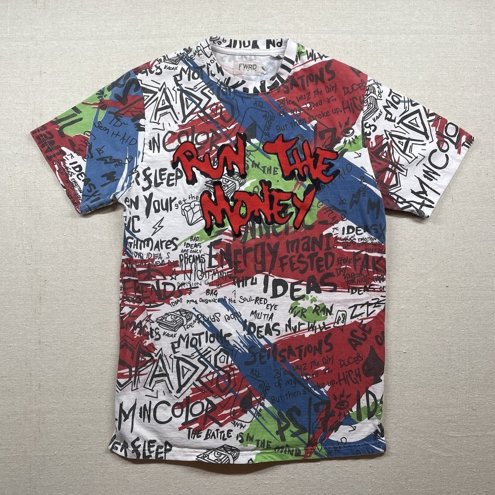 FWRD Denim Shirt Youth 2xl All Over Print Graphic Run The Money Embroidered